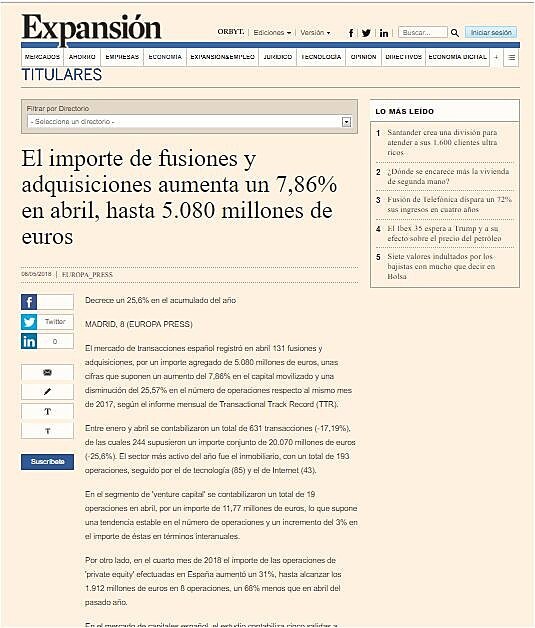 El importe de fusiones y adquisiciones aumenta un 7,86% en abril, hasta 5.080 millones de euros